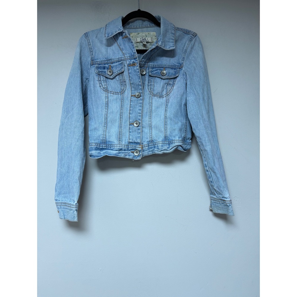 Lei Womens Denim Jacket Light Wash Cropped Button Front Size M